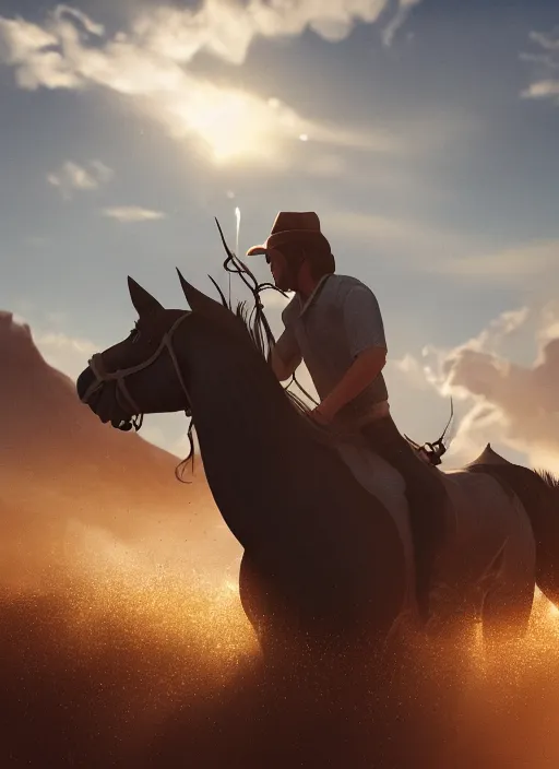 Image similar to man riding horse on shoulders, volumetric lighting, beautiful, golden hour, sharp focus, ultra detailed, cgsociety by leesha hannigan, ross tran, thierry doizon, kai carpenter, ignacio fernandez rios, noir photorealism, film