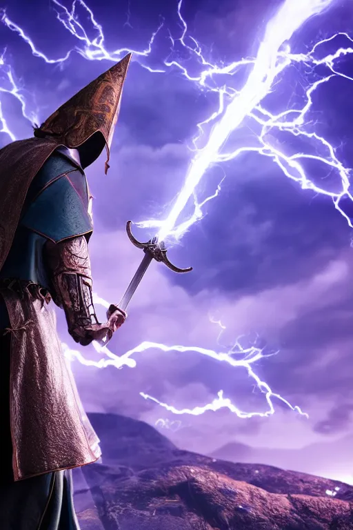 Image similar to hyper realistic wizard holding a sword that’s pointed towards the sky, getting shocked by purple lightning, standing on a mountaintop, octane, trending on artstation, hyper realistic, highly detailed, unreal engine, amazing depth of field, 8k