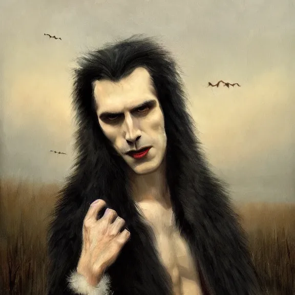 Prompt: long black hair handsome vampire lord wearing fur lined coat, portrait, oil on canvas, atmospheric, field of depth, fantasy, grim, dark, trending on artstation