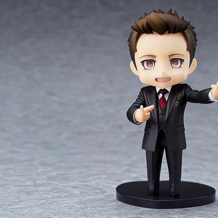 Image similar to a anime nendoroid of elon musk wear giorgio armani suits and black shoe, car tesla 3, figurine, smile, product photo, detailed