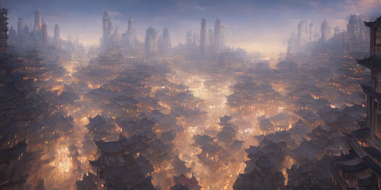 Prompt: a beautiful painting of a ancient big city of china, light effect, unreal engine, super wide angle, by greg rutkowski and yuumei and yanjun chen, trending on artstation