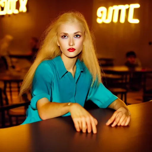 Prompt: high quality portrait photo of a caucasian female model with detailed face. she has long blonde hair and sit at a table in neon cyberpunk restaurant. kodak portra 8 0 0