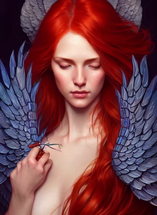 Image similar to a beautiful red haired woman with wings of fire, deep focus, d & d, fantasy, intricate, elegant, highly detailed, digital painting, artstation, concept art, matte, sharp focus, illustration, hearthstone, art by artgerm and greg rutkowski and alphonse mucha