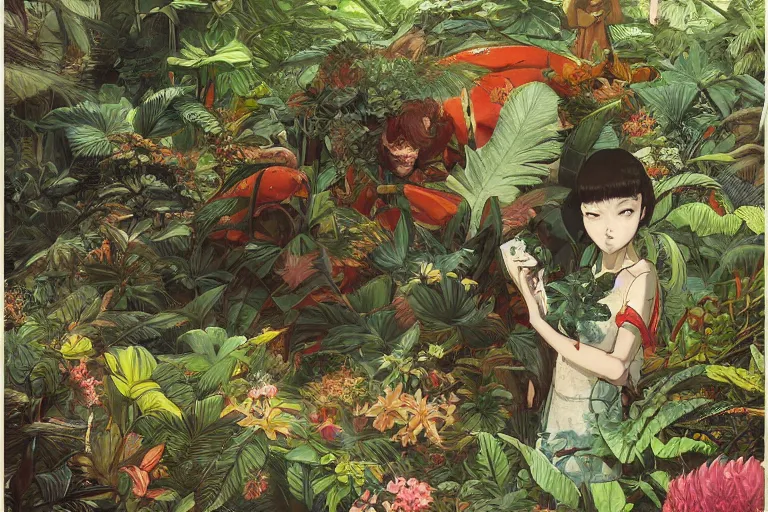 Image similar to evangelionic illustration, a lot of exotic vegetation, trees, tremendous pleasure, flowers, oldschool vintage sci - fi flat surreal design, super - detailed, oil painting by satoshi kon, hd, 4 k, high quality