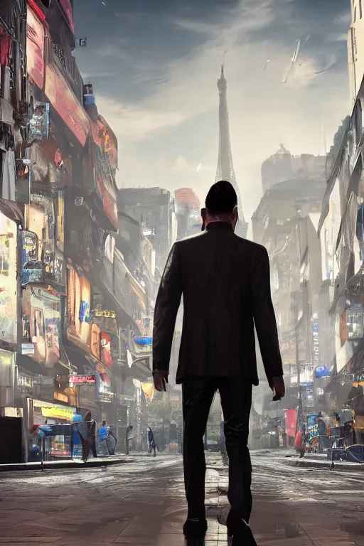 Image similar to in the foreground a Parisian street, in the background a dark-haired man from behind wearing a long matrix style jacket and starting to fly away, realistic, high definition, great detail, dramatic scene, detailed and realistic hands, symmetrical face, realistic eyes, cyberpunk art 2077