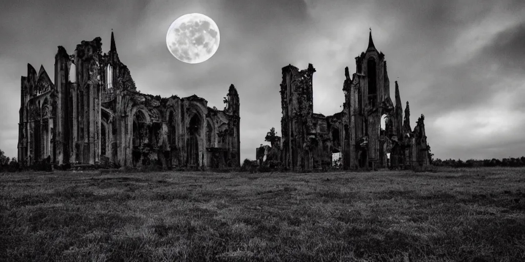Image similar to crumbling gothic cathedral, nighttime, decrepit castle, ruins, moon visible through cloud, abandoned houses sinking into bog