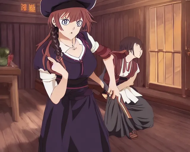 Prompt: key anime visual portrait of a young female witch in a tavern interior defending a companion, dynamic pose, dynamic perspective, cinematic, dramatic lighting.