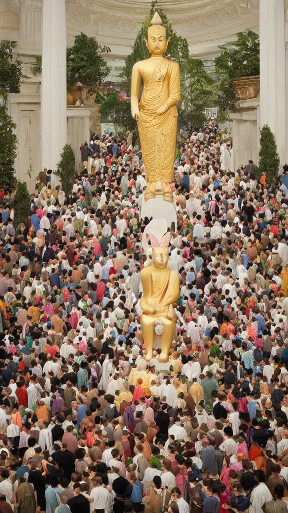 Prompt: a huge buddhism rabbit statuea between crowd of people prayers in botanical room by john singer sargent