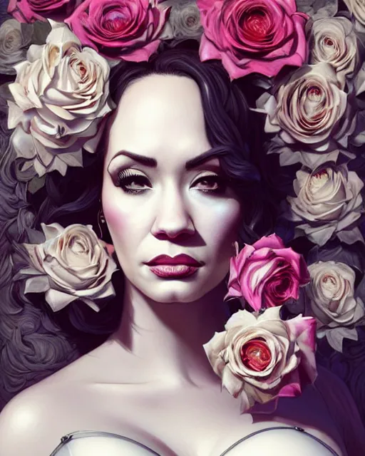 Image similar to perfectly - centered!! looking at the camera!!! full body portrait of christina hendricks and demi lovato with roses, baroque style, roses, intricate abstract upper body intricate artwork, by tooth wu, wlop, beeple, dan mumford. concept art, octane render, deviantart, greg rutkowski, cinematic arthouse, key art, hyper realism, iridescent accents