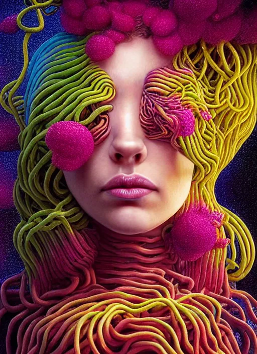 Image similar to hyper detailed 3d render like a Oil painting - Ramona Flowers with wavy black hair wearing thick mascara seen Eating of the Strangling network of colorful yellowcake and aerochrome and milky Fruit and Her delicate Hands hold of gossamer polyp blossoms bring iridescent fungal flowers whose spores black the foolish stars by Jacek Yerka, Mariusz Lewandowski, Houdini algorithmic generative render, Abstract brush strokes, Masterpiece, Edward Hopper and James Gilleard, Zdzislaw Beksinski, Mark Ryden, Wolfgang Lettl, Dan Hiller, hints of Yayoi Kasuma, octane render, 8k