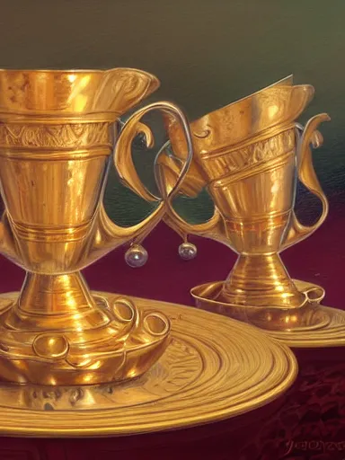 Prompt: a trio rejoicing, cheers with golden cups. intricate, elegant, highly detailed, digital painting, artstation, concept art, sharp focus, illustration, by justin gerard and artgerm, 8 k