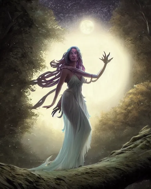 Image similar to attractive fairy goddness fly high in the night, d & d, fantasy, mist, full moon in background, trees, hyper detailed, art by artgerm and greg rutkowski and magali villeneuve, midium shot, 8 k realistic, cryengine, digital painting, trending on artstation, concept art, sharp focus, illustration,