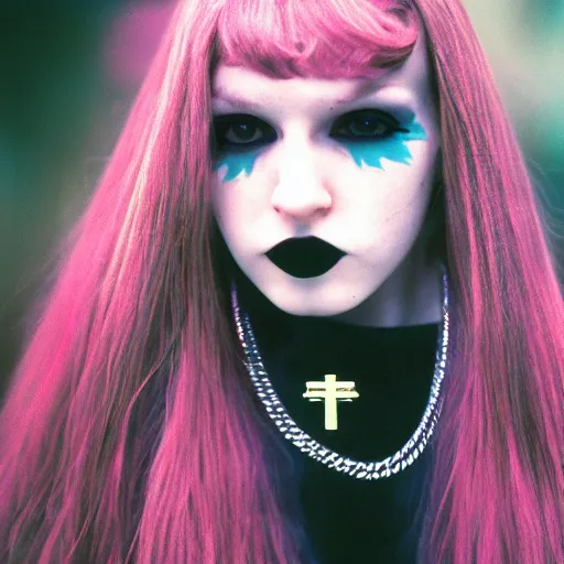 Image similar to close-up, color slide, Kodak Ektachrome E100, studio photographic portrait of a young pale, Goth, Attractive girl, wears ankh necklace, Death, Comic book character, member of the Endless, Nikon camera, 75mm lens, f/2.8 aperture, HD, casual, realistic, punk, people, detail, Bokeh, saturated color, masterpiece image, shutterstock, Curated Collections, Sony World Photography Awards, Pinterest, by Annie Leibovitz