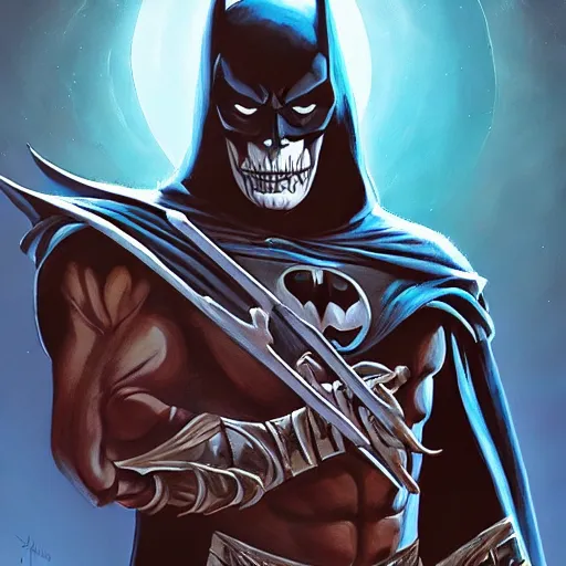 Image similar to portrait painting of skeletor as batman, dnd beyond avatar portraits, beautiful, artistic, elegant, lens flare, magical, nature, realism, stylized, art by jeff easley and genndy tartakovsky