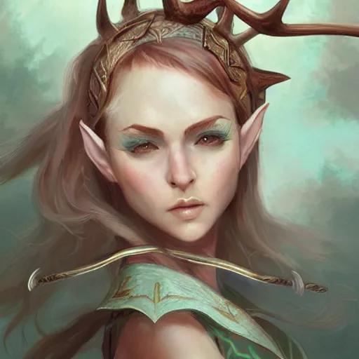 Prompt: female elf archer with antlers, acrobatic, medium shot, art, fantasy, intricate, elegant, highly detailed, digital painting, trending on artstation, concept art, smooth, sharp focus, hyperrealistic, illustration, art by Loish and WLOP