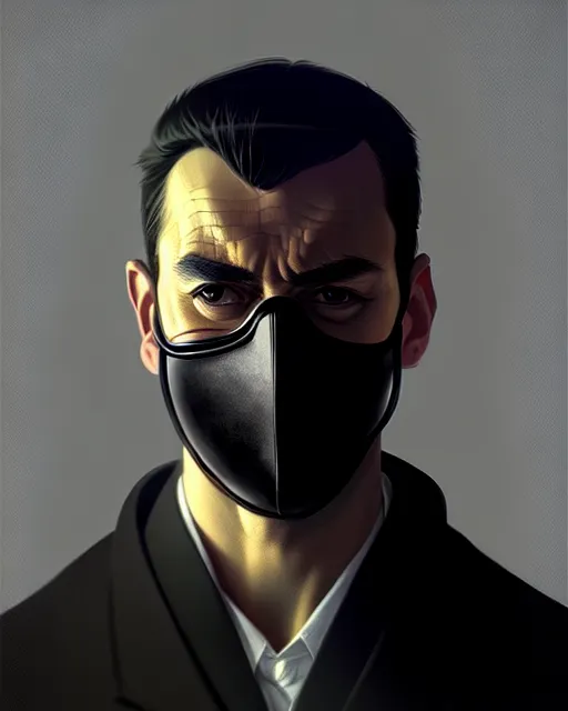 Image similar to a ultradetailed beautiful panting of a european man wearing black medical mask, by ilya kuvshinov, greg rutkowski and makoto shinkai, trending on artstation