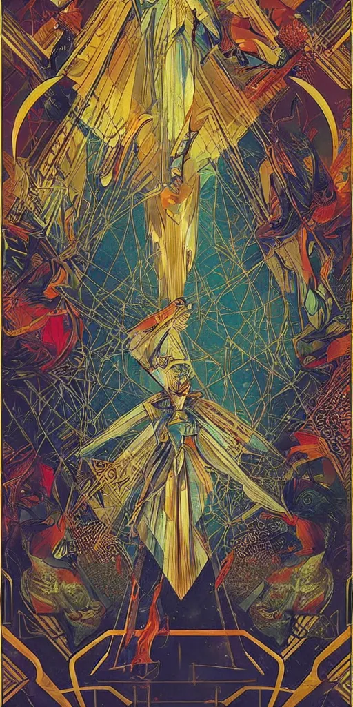 Image similar to a tarot card with an art deco boarder, by android jones