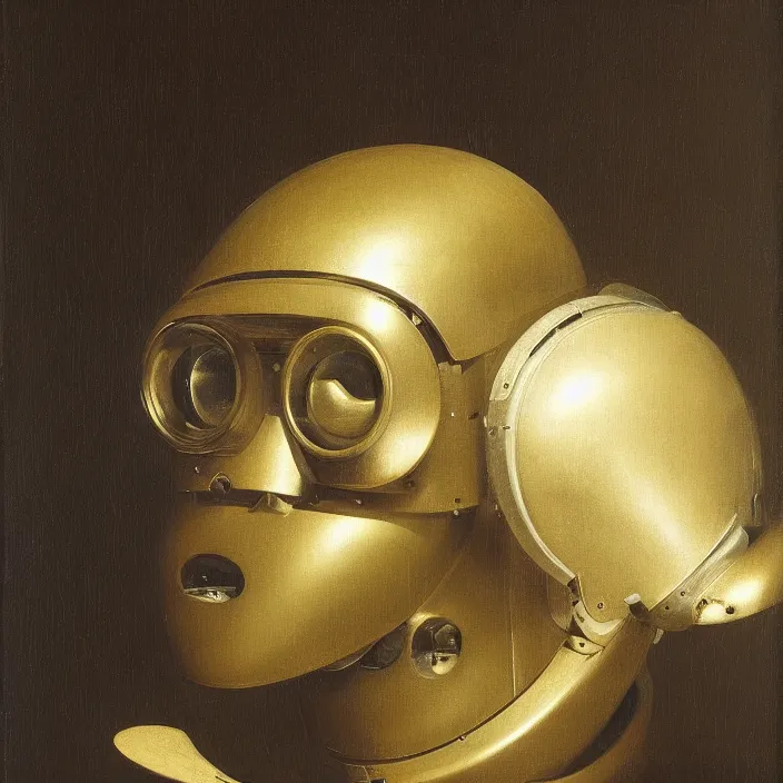 Image similar to still life painting of a robot head by pieter claesz, oil on canvas, strong lighting, highly detailed, hyper realism, golden hour, god rays, hd, 4 k