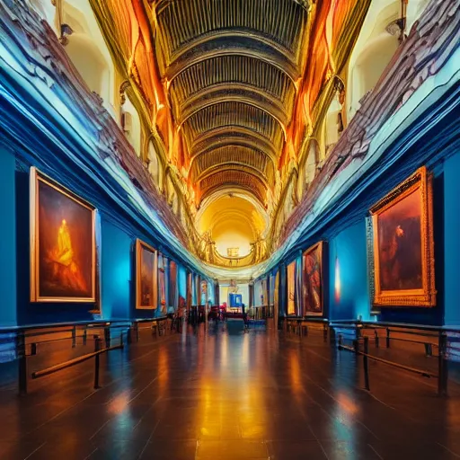 Image similar to detailed, deep depth of field, colourful lightning, history museum hall with statues and paintings, dark academia aesthetics, mood light, blue