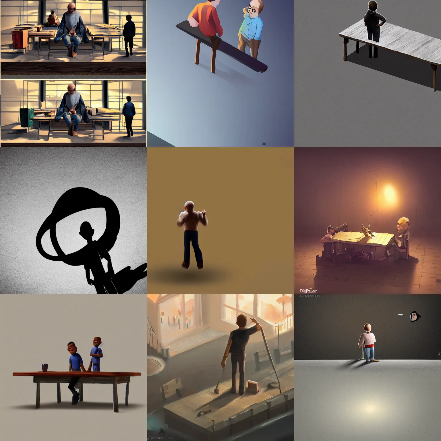 Prompt: Tiny man looks up at a giant table, digital art, trending on ArtStation