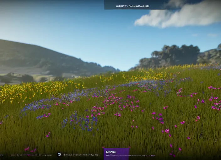 Image similar to fields full of flowers and blue sky with hills in the background. Intricate. Very detailed 8k. Fantasy horror. Sharp. Cinematic post-processing. Unreal engine. Nanite. Ray tracing. Parallax. Tessellation