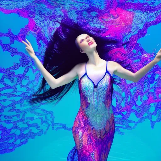 Prompt: woman dancing underwater wearing a flowing dress made of many layers of blue, magenta, and yellow translucent lace, elegant coral sea bottom, swirling silver fish, refracted light, crystals, cycles render, caustics lighting from above, cinematic