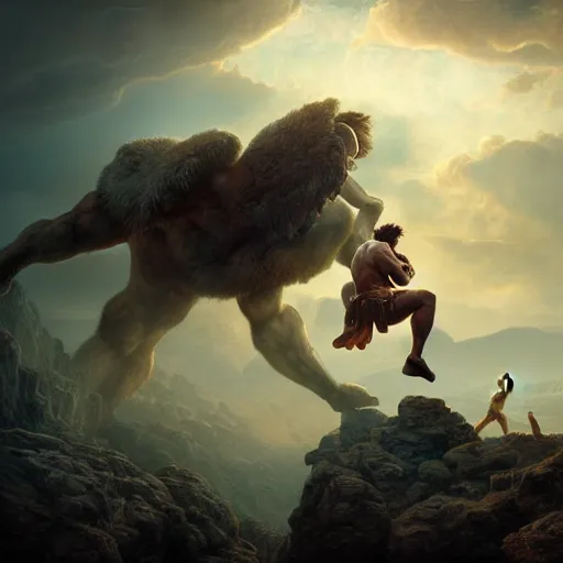 Prompt: Hercules in an intense fight against Perseus over a cliff, artwork by Stefan Kopinski and Guillem H. Pongiluppi, photo realistic, atmospheric lighting, HDR, high detail