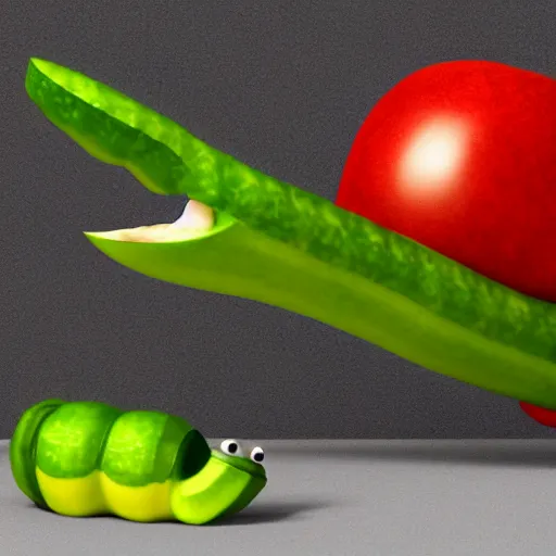 Image similar to detailed 3 d render of an angry zucchini character chasing a tomato figure with a knife in hand, hyper realistic octane render, dramatic scene, nightmare, surrealism, pixar, disney, cartoon