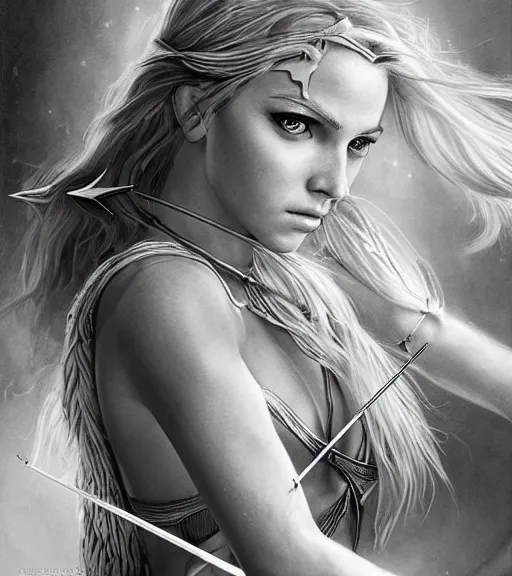 Image similar to portrait of beautiful aphrodite goddess as an archer warrior, arrow, beautiful piercing eyes, flowing blonde hair, realistic face, black and white drawing, in the style of greg rutkowski, fantasy, amazing detail, epic, intricate, elegant, smooth, sharp focus