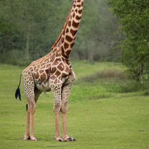 Image similar to a giraffe with human legs and hairy feets