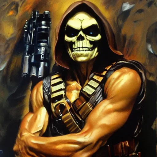 Prompt: ultra realistic portrait painting of skeletor as han solo, art by frank frazetta, 4 k, ultra realistic, highly detailed, epic lighting
