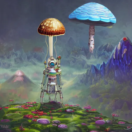 Image similar to On the morning of the robot queen's coronation, The Mekanik Doll, an elderly mushroom walking their pet snail, Mount Fuji seen from the International Space Station, the theme of Alice in Wonderland, digital painting, concept art, illustration, deep dark, artstation, intricate, beautiful and thematically complex, ue5, by deiv calviz and bossmonsterbani