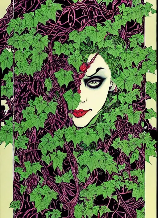 Prompt: poison ivy has the joker tied up in vines, intricate, art nouveau, art by takato yamamoto