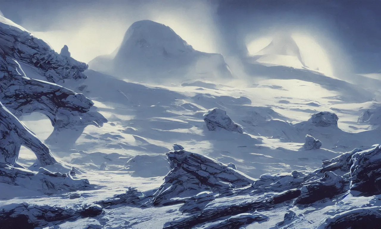 Prompt: frozen unexplored wasteland frontiers with clouds and fog on an alien science-fiction planet with distant mountains and snow by Syd Mead, Federico Pelat