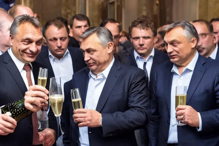 Prompt: viktor orban drinking champagne with putin in front a burning city