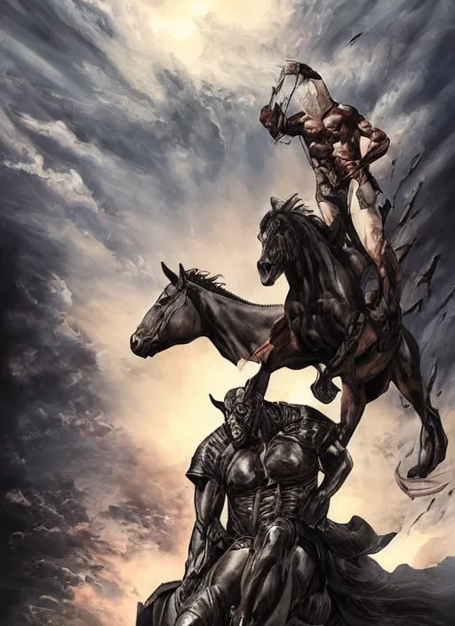 Image similar to ethan van sciver with a bald head and grey trimmed beard with a pointy nose as the first horseman of the apocalypse riding a strong big black stallion, horse is running, the rider is carrying the scales of justice, beautiful artwork by artgerm and rutkowski, breathtaking, beautifully lit, dramatic, full view