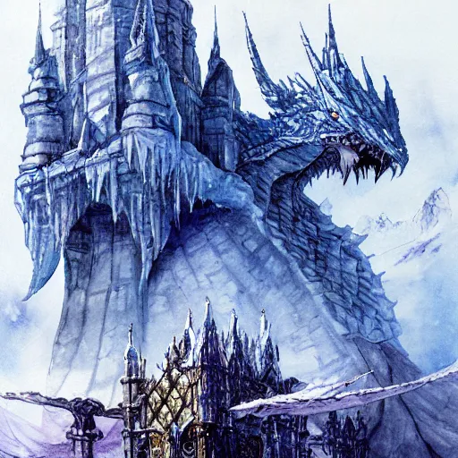 Image similar to highly detailed ice castle floating high above the ground being circled by a small white ice dragon, drawn by Yoji Shinkawa, water color, Dungeons and Dragons, Wizards of the Coast