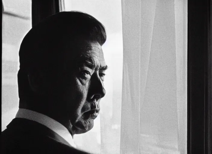 Image similar to screenshot from moody scene of Donald Trump looking out window, in High and Low, 1963 film directed by Akira Kurosawa, kodak film stock, black and white, anamorphic lens, 4K, detailed, stunning cinematography and composition shot by Takao Saito, 70mm