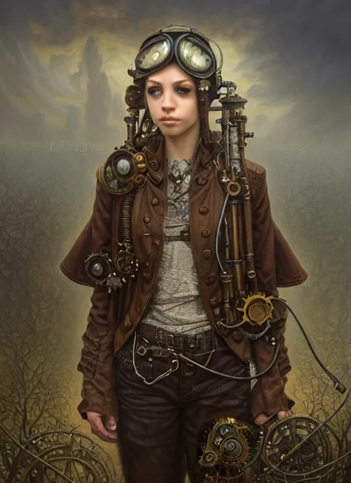 Prompt: portrait shot of steampunk teenager in a scenic dystopian environment, intricate, elegant, highly detailed, centered, digital painting, artstation, concept art, smooth, sharp focus, illustration, artgerm, tomasz alen kopera, peter mohrbacher, donato giancola, joseph christian leyendecker, wlop, boris vallejo