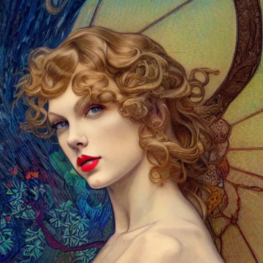 Image similar to romantic painted portrait of taylor swift by james jean, mucha, masterpiece