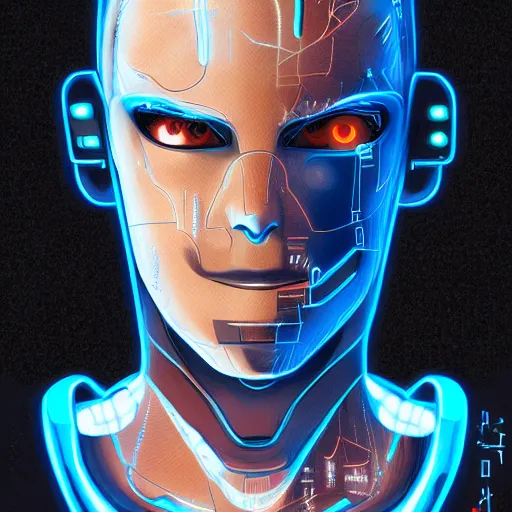 Image similar to Male cyborg, battle-damaged, wearing facemask, youthful face, blue eyes, backlit by neon, headshot, sci-fi, wires, cables, lenses, gadgets, Digital art, detailed, anime, artist Katsuhiro Otomo