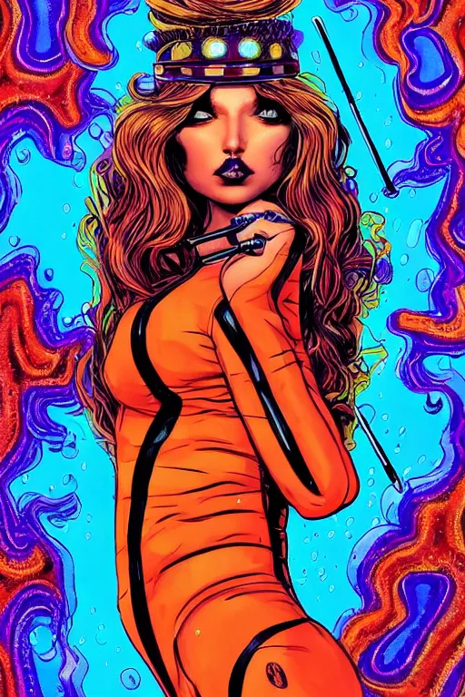 Prompt: a psychedelic detailed gorgeous acid trip painting of an extremely attractive superhero female character wearing a tight-fitting tan detective jacket, detective had on her head, beautiful [[[long red hair]]] in loose curls, slender woman, very curvy, noir, smoking a fancy long french cigarette, in the rain in the early evening, cinematic, dramatic lighting, full body view, cool pose, artwork by Artgerm, Rutkowski, Dale Keown and Van Sciver, featured on artstation, cgsociety, behance hd