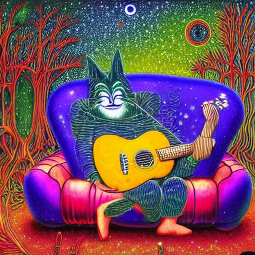 Image similar to psychedelic couch sofa in the lush forest, guitar, milky way, designed by moebius, rob gonsalves, gustav dore, giuseppe arcimboldo and carl barks, louis wain, trending on artstation, canada, star, sharp focus, colorful refracted sparkles and lines, soft light, 8 k 4 k