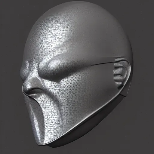 Prompt: concept design for a solid plate featureless metallic mask, 3 d render, volumetric lighting, unreal engine, reflective material, intricate texture