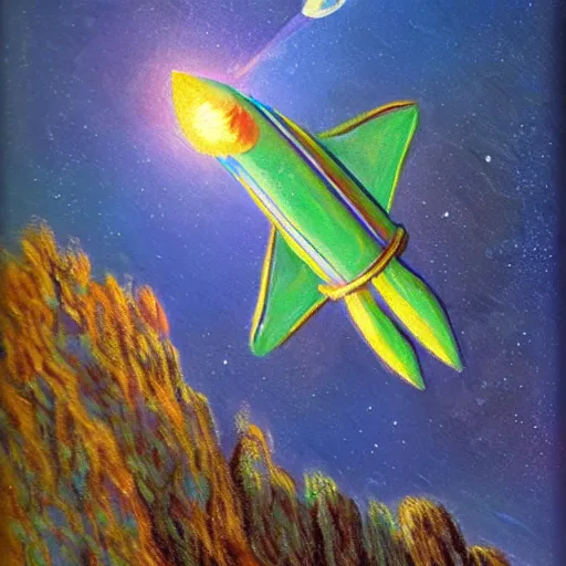 Image similar to A rocketship about to land on an unfamiliar planet, super cool rocket, Acrylic Paint, Concept Art, Digital Art, 16-bit RGB, Global Illumination, by Bob Byerley, by Claude Monet