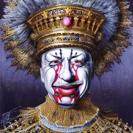 Prompt: UHD photorealistic detailed image of Klaus Schwab dressed as Emperor wearing extremely intricate clown makeup by Ayami Kojima, Amano, Karol Bak, tonalism