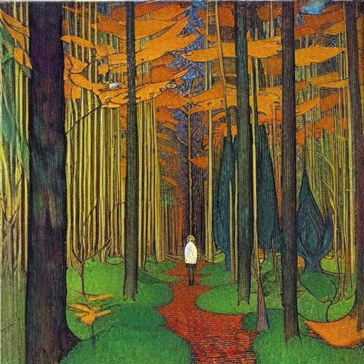 Prompt: a person walking through a forest, art by ivan bilibin and giacomo balla,