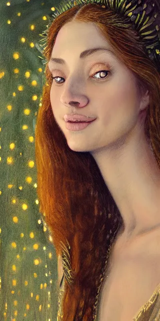 Prompt: young woman, full covering intricate detailed dress, serene smile, surrounded by golden firefly lights amidst nature, long red hair, precise linework, accurate green eyes, small nose with freckles, beautiful smooth oval shape face, empathic, expressive emotions, dramatic lights spiritual scene, hyper realistic ultrafine art by artemisia gentileschi, jessica rossier, boris vallejo