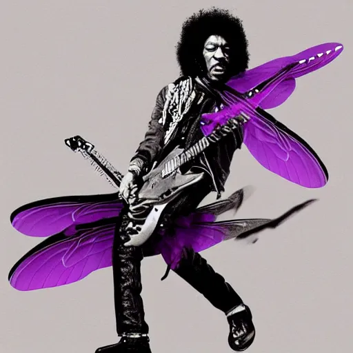 Image similar to Jimi Hendrix riding on the back of an enormous purple dragonfly, Digital realistic detailed art trending in Artstation.