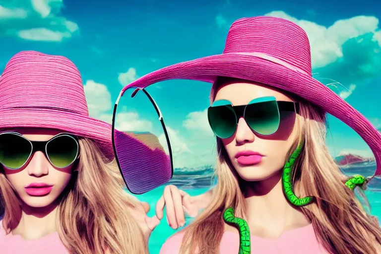 Prompt: close - up, one fashion model in sunglasses and another one model with hat and without sunglasses, pink clouds background, green snakes, hyper detailed, photo realistic, vouge style photo, drops of clean water